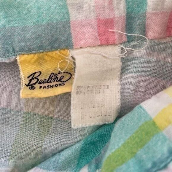 Vintage 70s Dagger Collar Collar Tunic Pastel Plaid M L - Picture 4 of 6